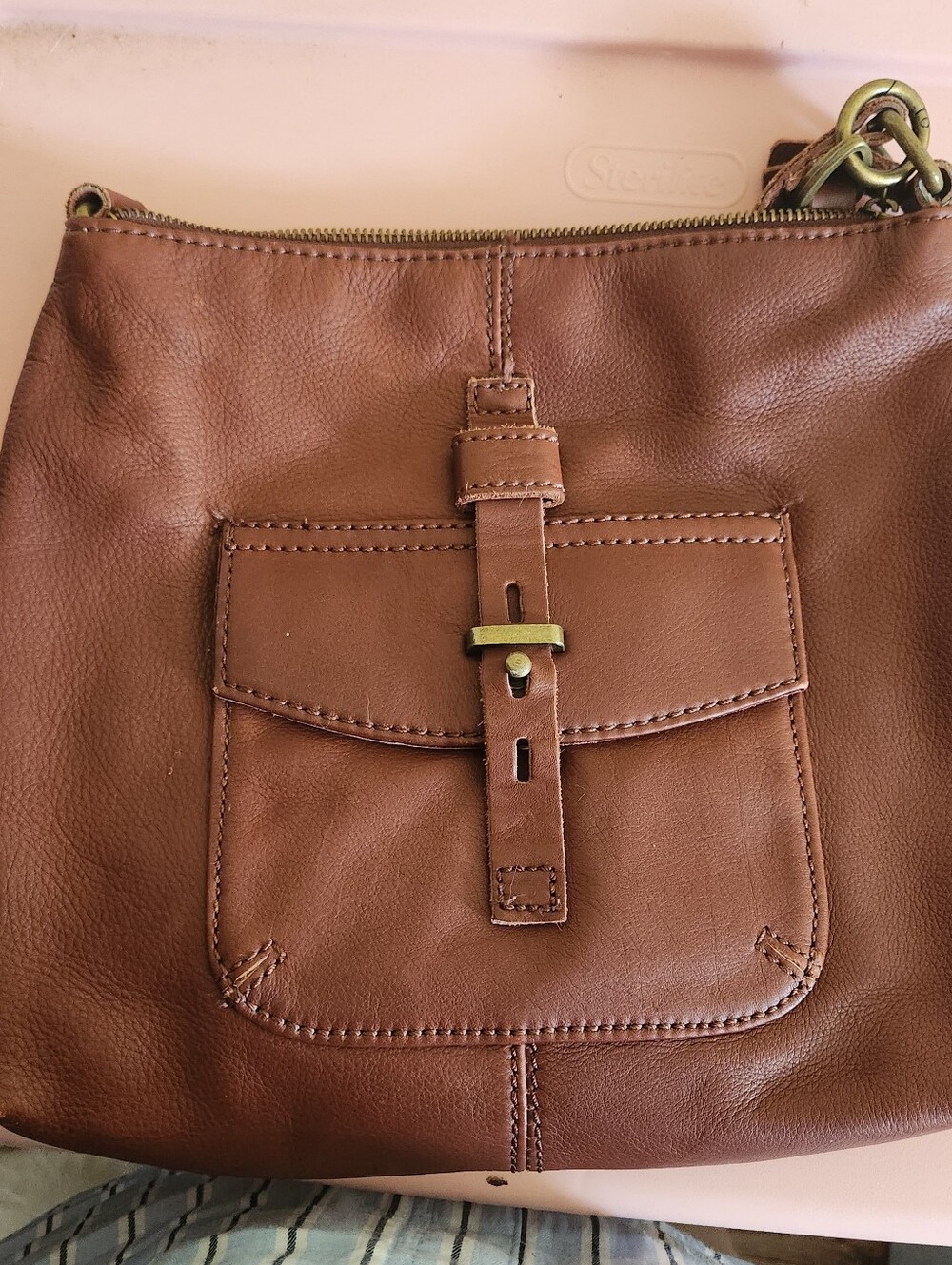 Lucky Brand Brown Leather Messenger Bag with Brass Accent